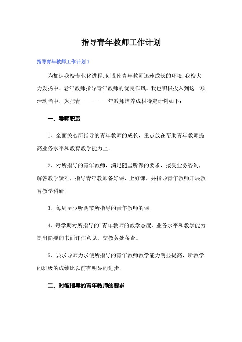 指导青年教师工作计划