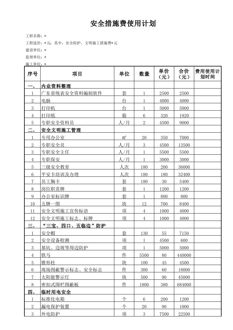 施工单位安全文明施工措施费使用计划范本