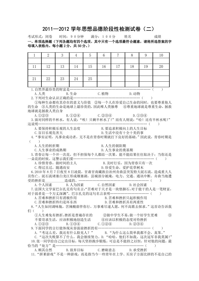 2011-2012学年思想品德阶段性检测试卷(七年级下册)