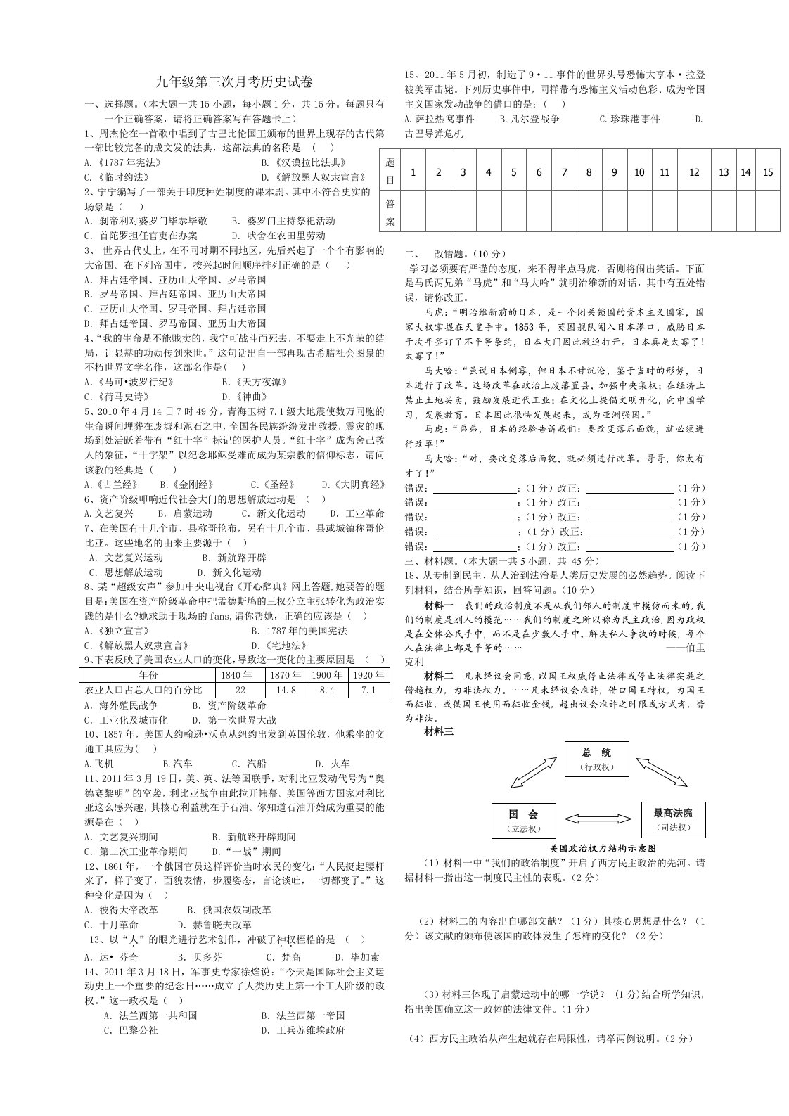 九年级第三次月考历史