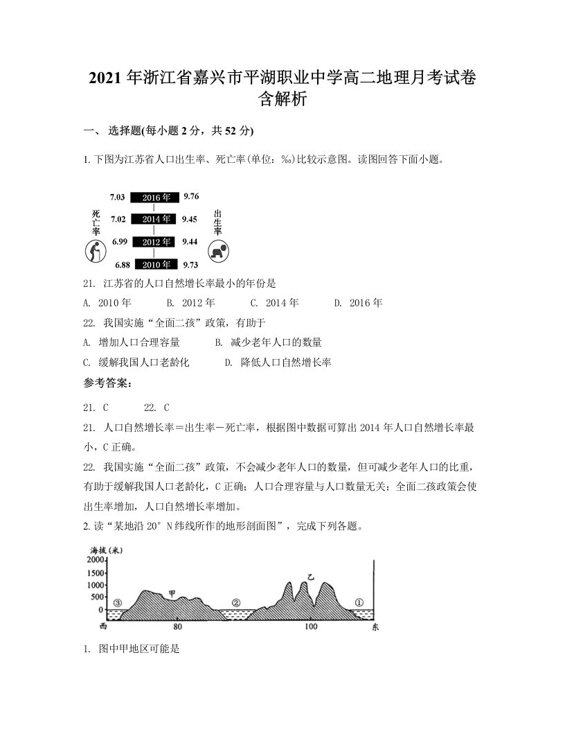 2021年浙江省嘉兴市平湖职业中学高二地理月考试卷含解析