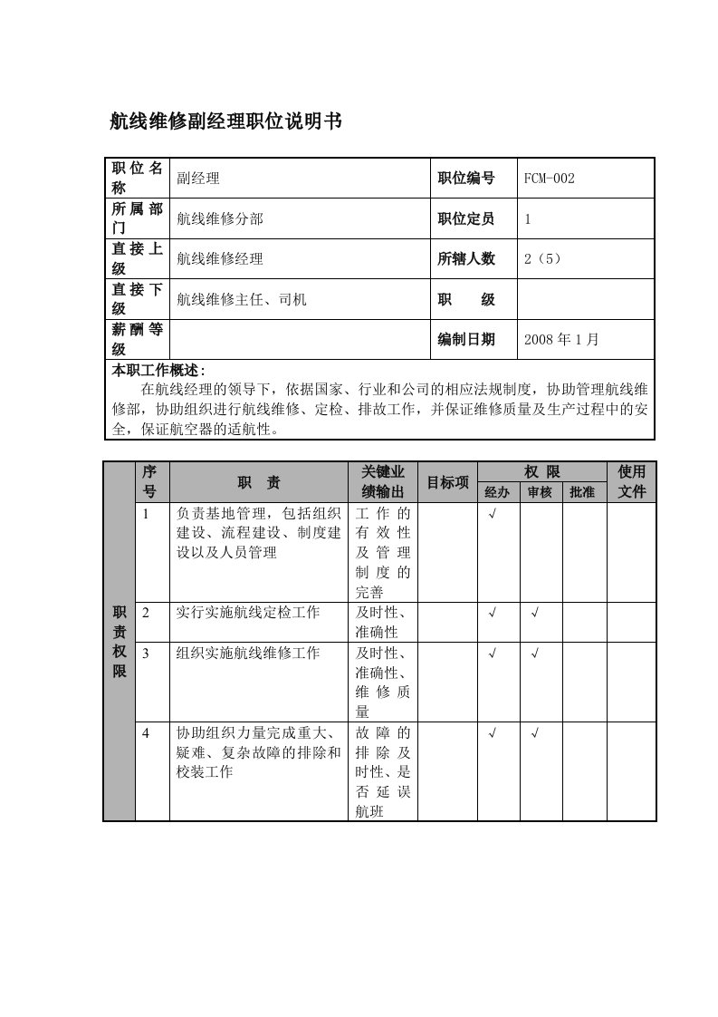 物流公司航线维修副经理职位说明书及关键绩效标准