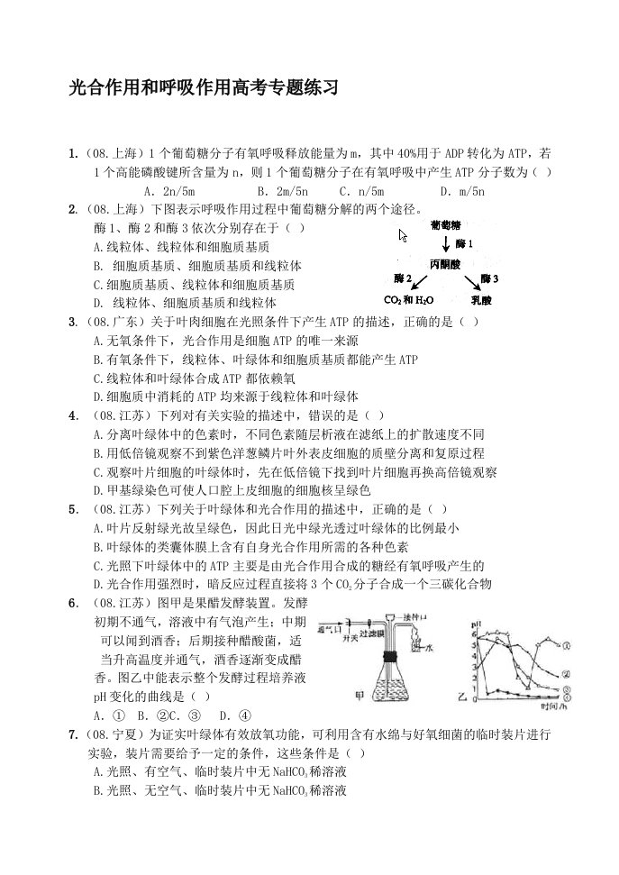 光合作用和呼吸作用练习题及答案