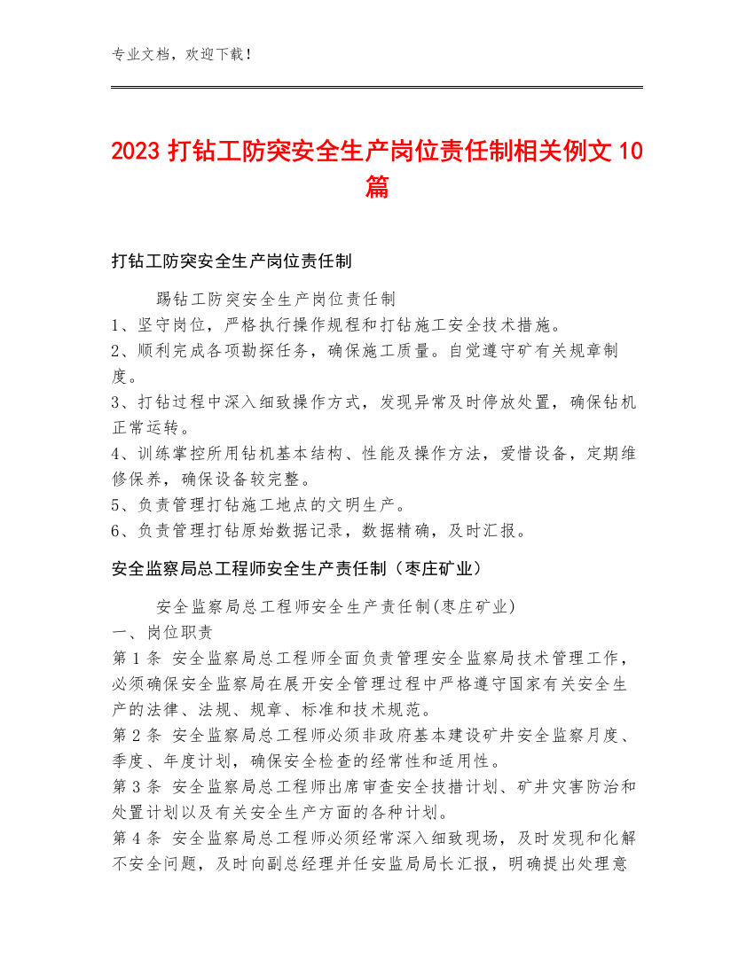 2023打钻工防突安全生产岗位责任制例文10篇