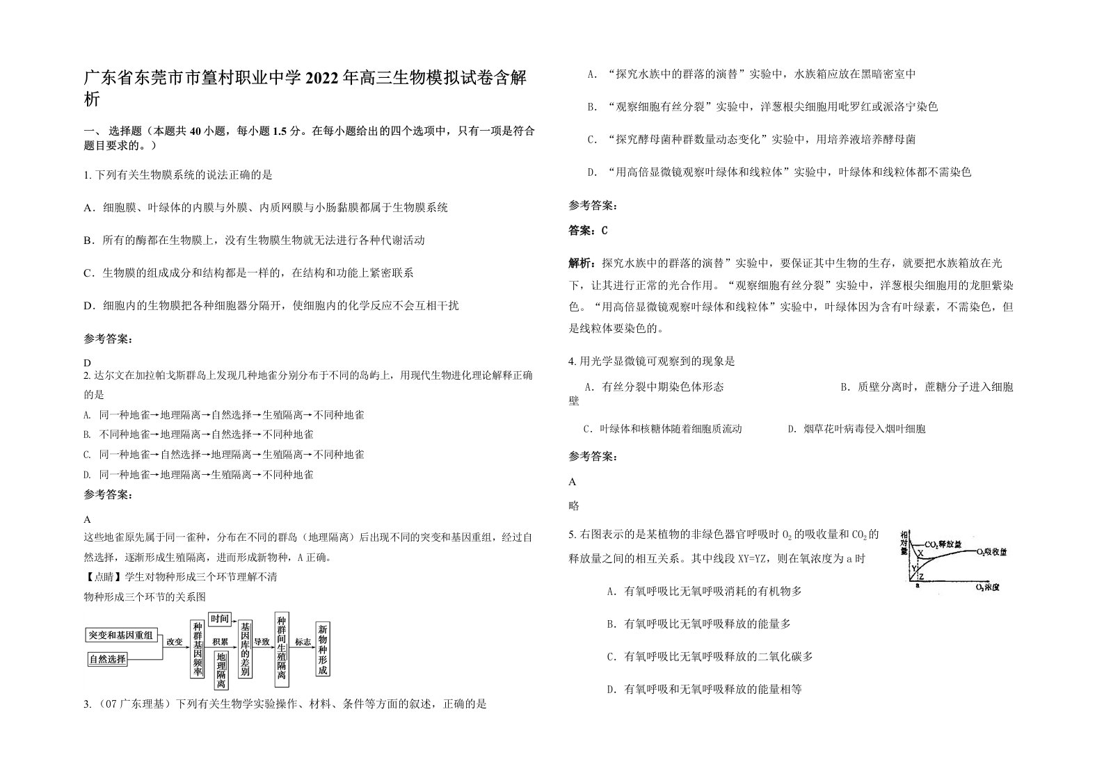 广东省东莞市市篁村职业中学2022年高三生物模拟试卷含解析