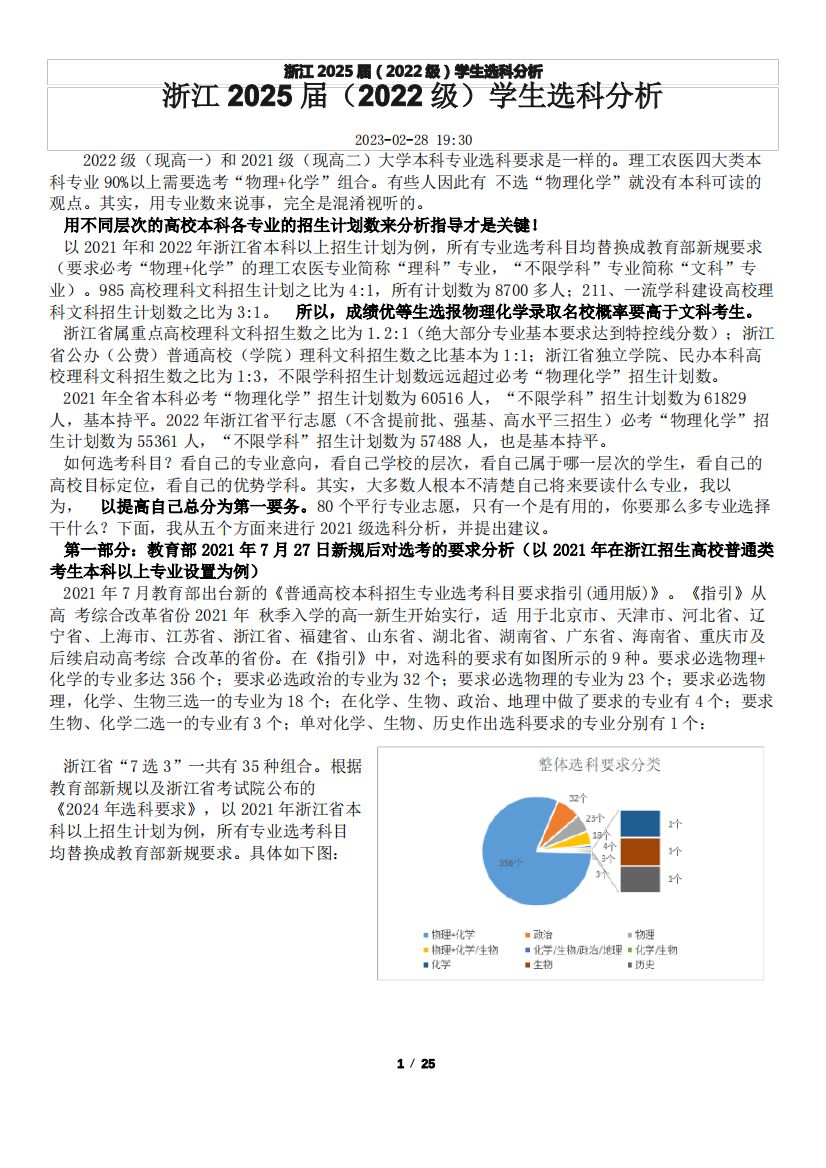 浙江2025届学生选科分析