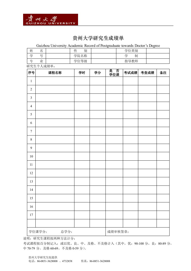 贵州大学研究生成绩单