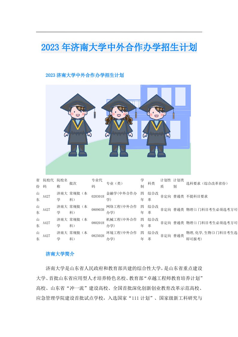 济南大学中外合作办学招生计划