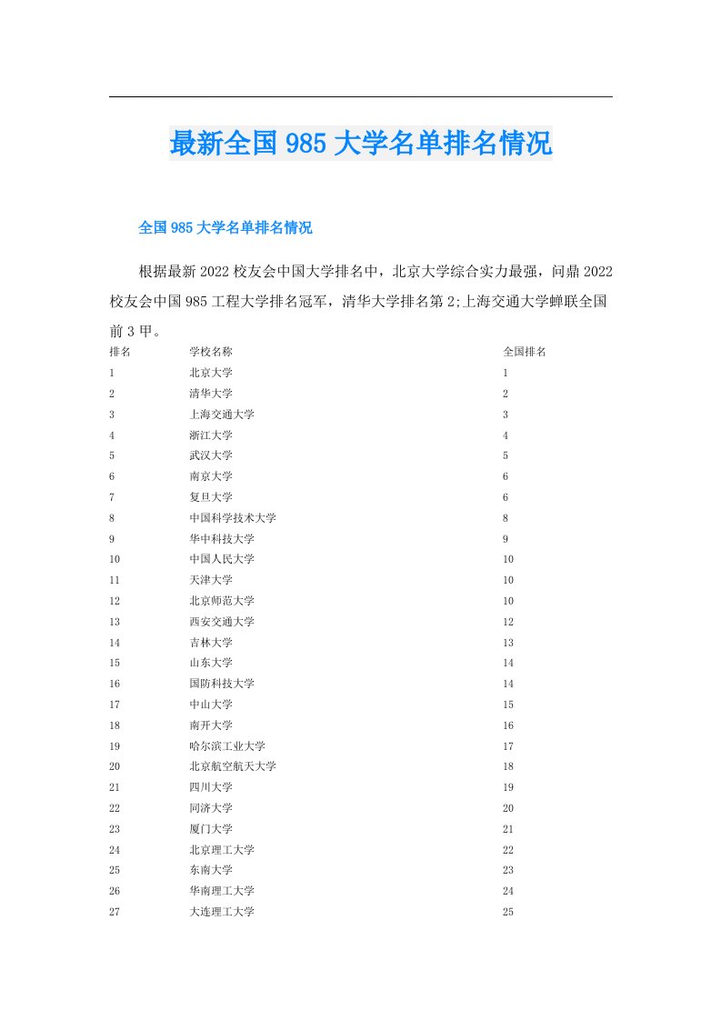 最新全国985大学名单排名情况