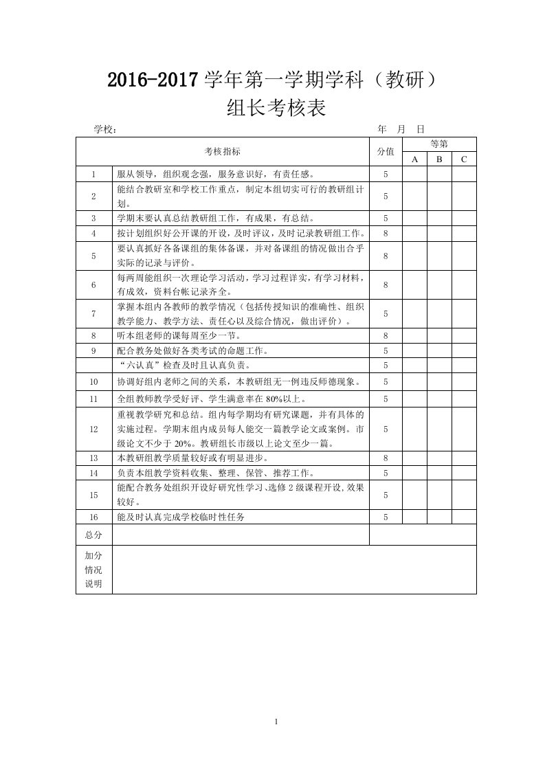 教研组长考核表