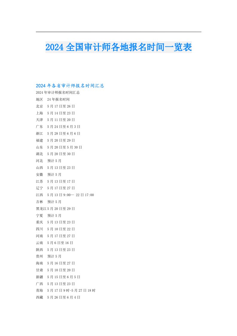 2024全国审计师各地报名时间一览表