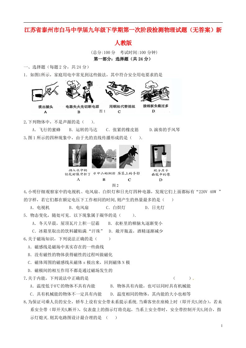 江苏省泰州市白马中学九级物理下学期第一次阶段检测试题（无答案）新人教版