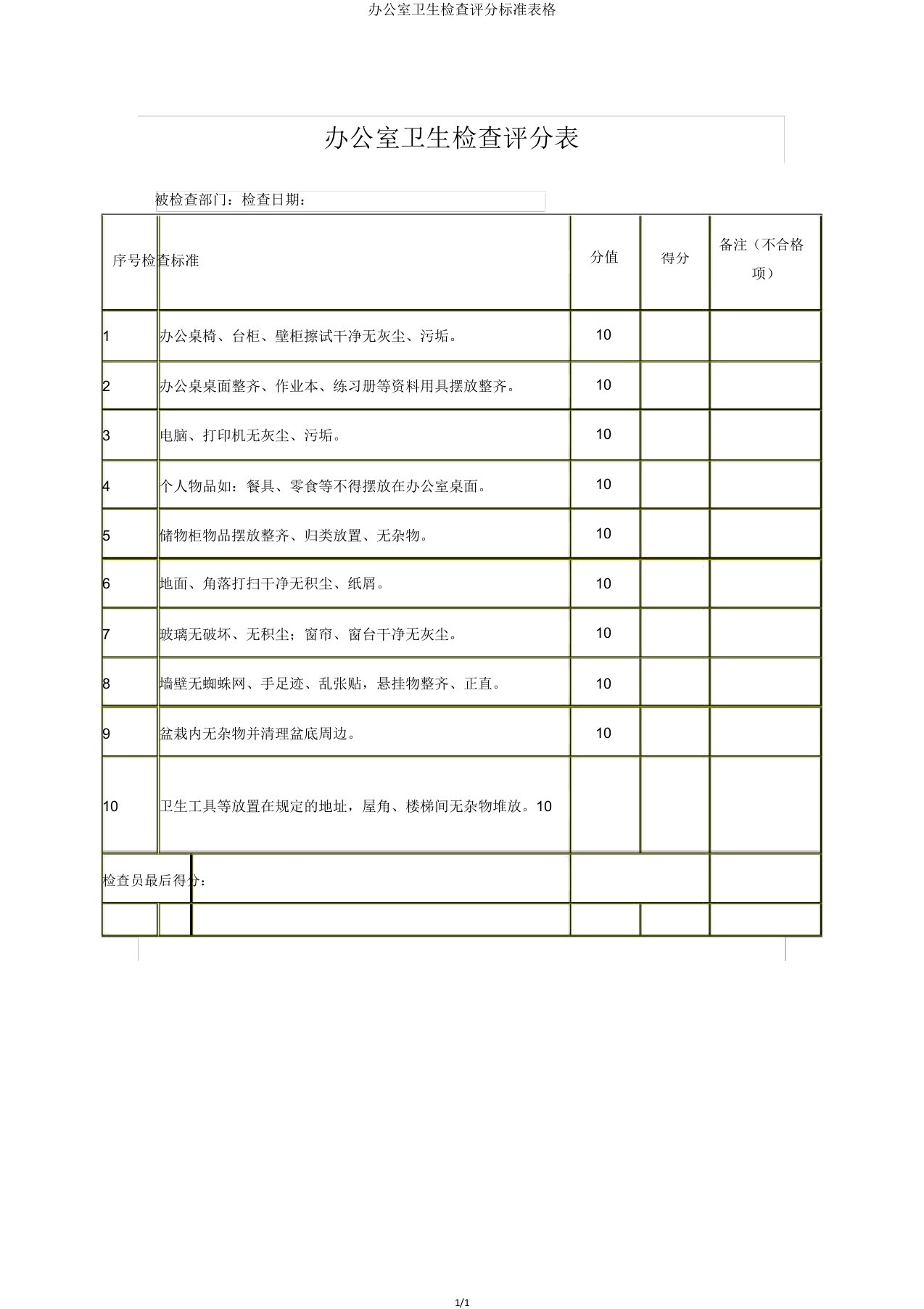 办公室卫生检查评分表格