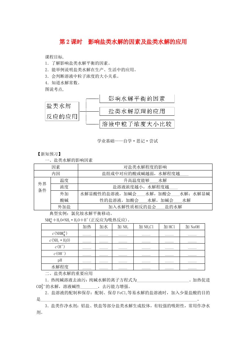 新教材2023版高中化学专题3水溶液中的离子反应第三单元盐类的水解第2课时影响盐类水解的因素及盐类水解的应用学案苏教版选择性必修1