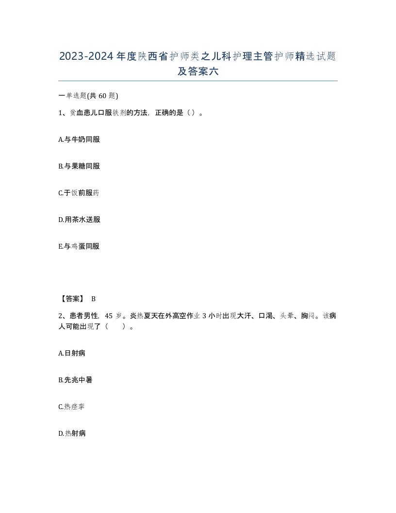 2023-2024年度陕西省护师类之儿科护理主管护师试题及答案六