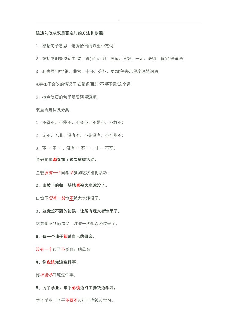 陈述句改成双重否定句与方法(题目和答案)