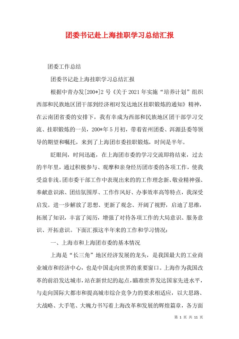 （精选）团委书记赴上海挂职学习总结汇报