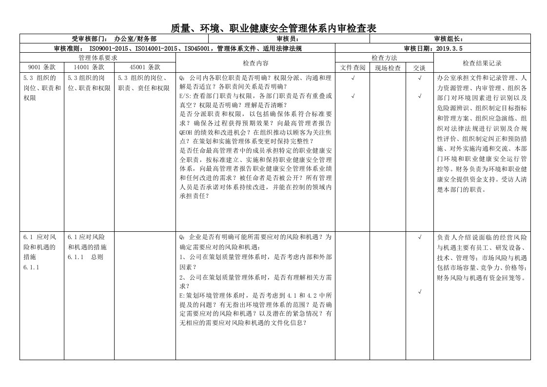 最新ISO9001、ISO14001、ISO45001三体系办公室、财务部内审检查记录(带记录)