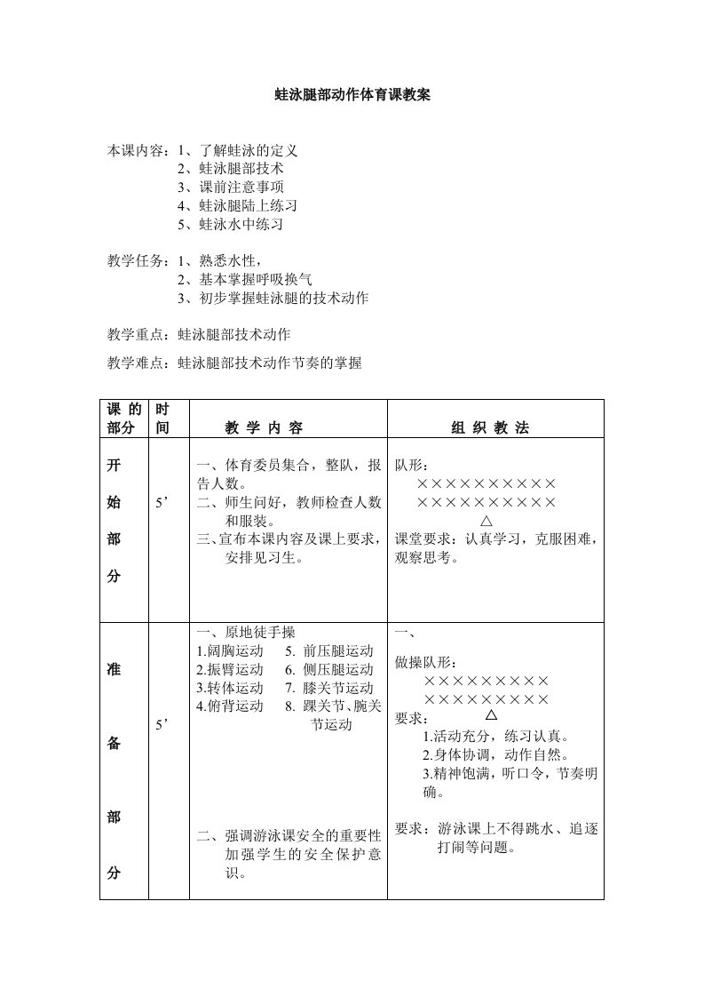 蛙泳腿部动作体育课教案