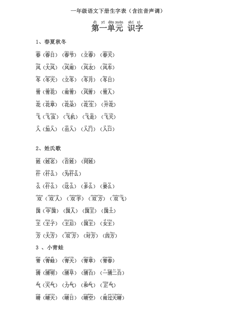 一年级下册生字表组词(含注音声调全)