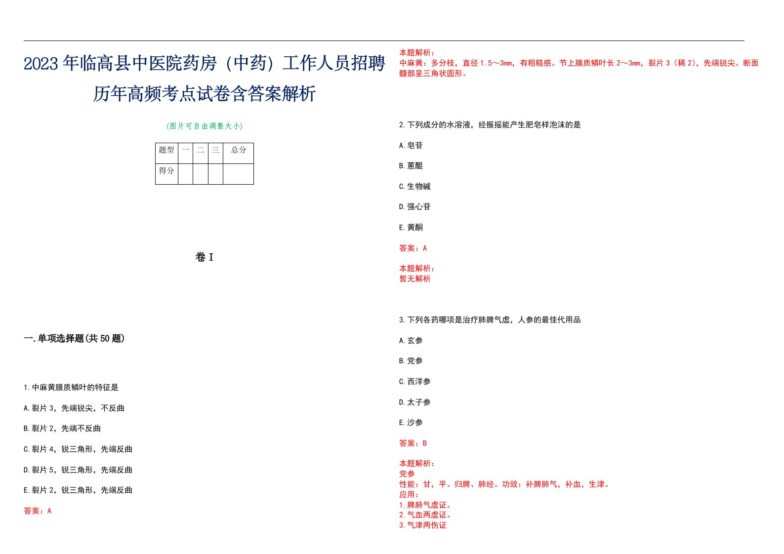 2023年临高县中医院药房（中药）工作人员招聘历年高频考点试卷含答案解析