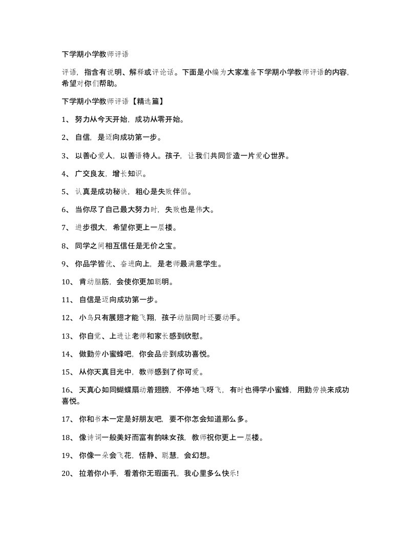 下学期小学教师评语