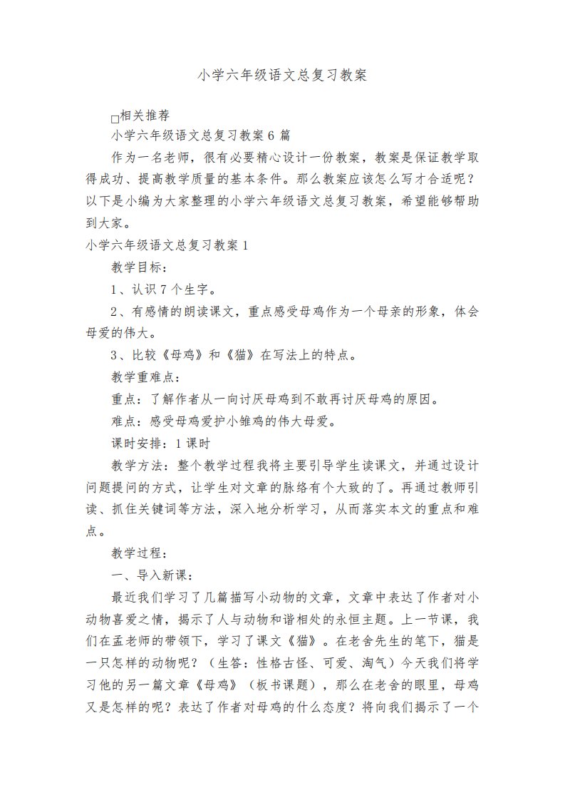 小学六年级语文总复习教案