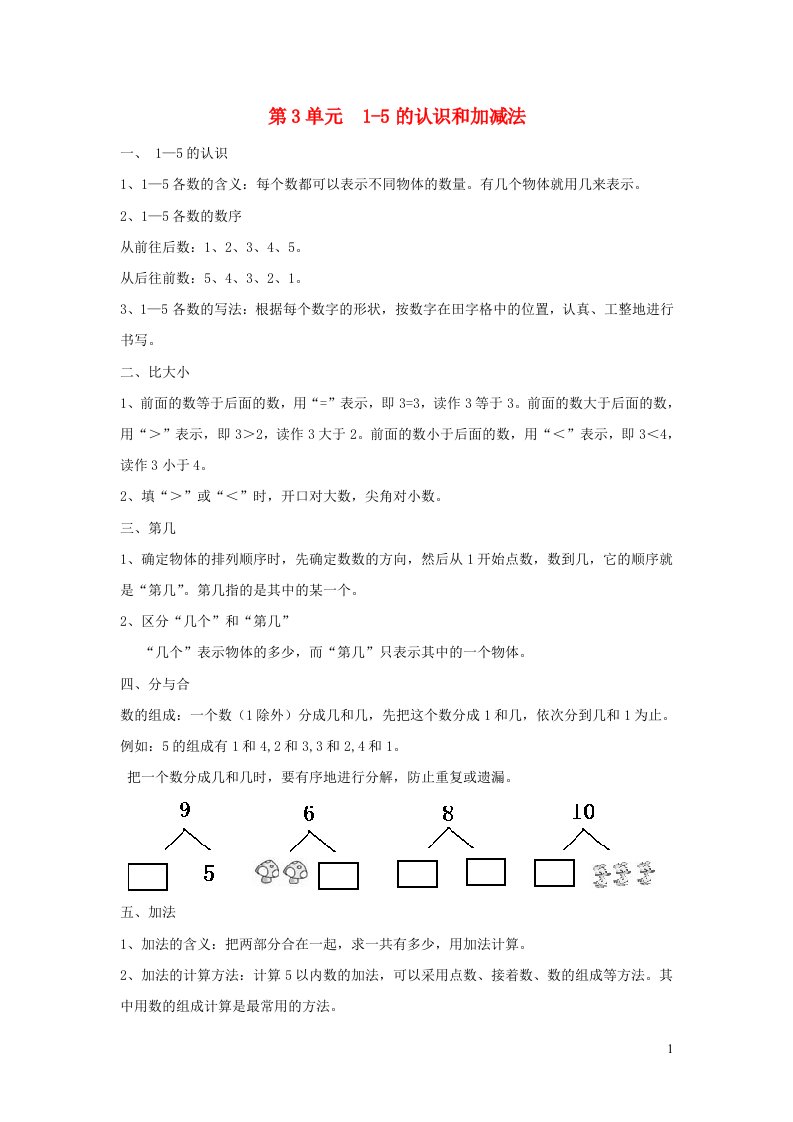 2021秋一年级数学上册第3单元1_5的认识和加减法知识点归纳新人教版