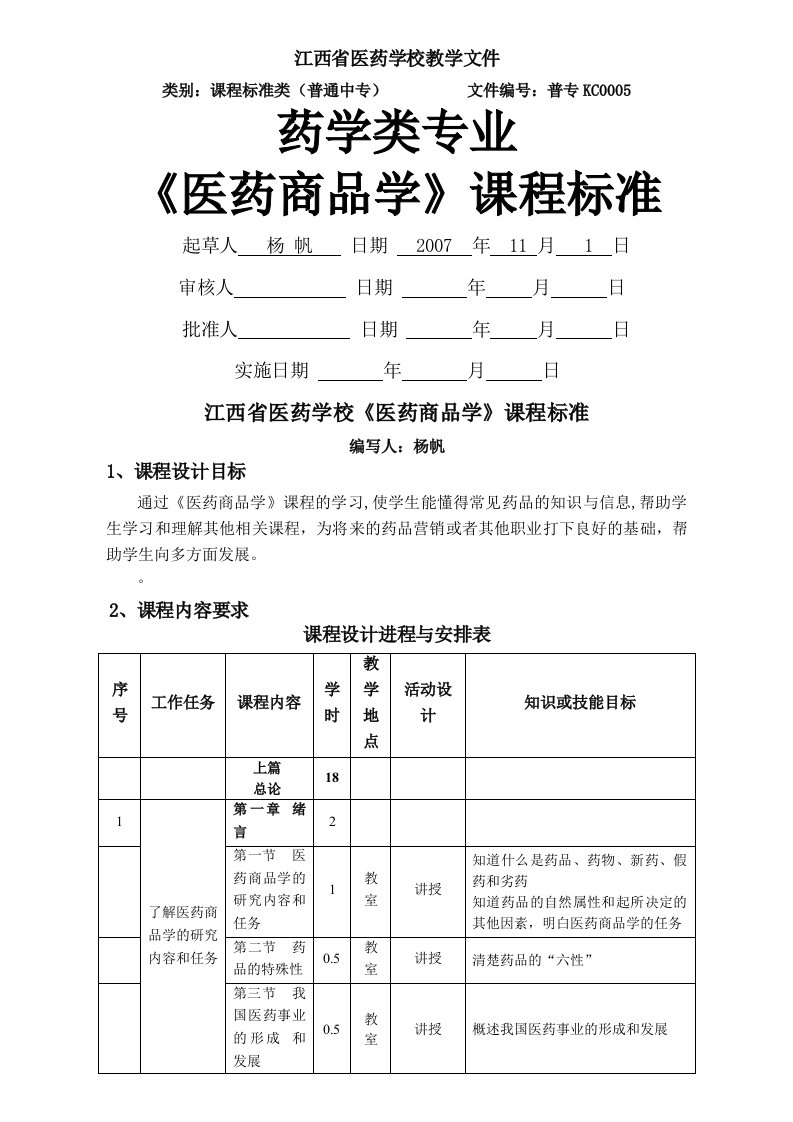 《医药商品学》课程标准