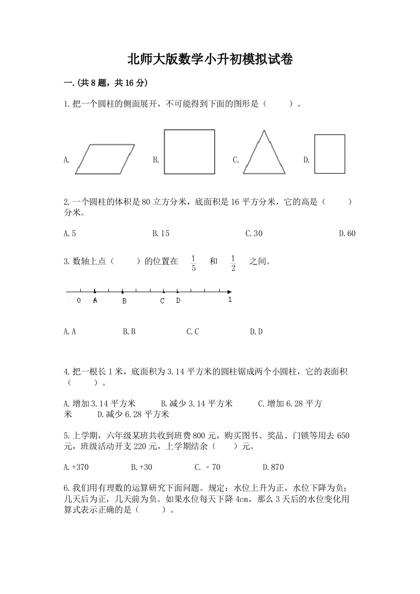 北师大版数学小升初模拟试卷精品（网校专用）