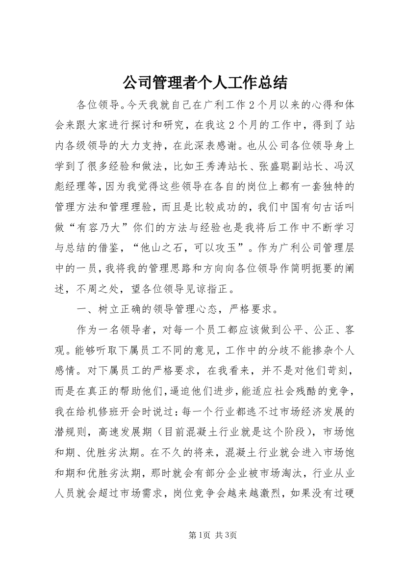 公司管理者个人工作总结