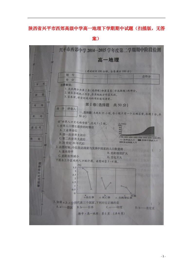 陕西省兴平市西郊高级中学高一地理下学期期中试题（扫描版，无答案）