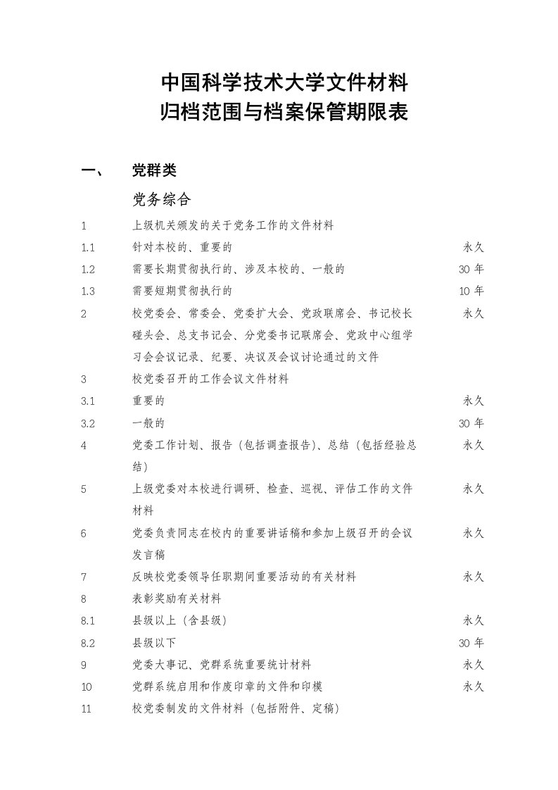 档案管理-中国科技大学文件材料归档范围与档案保管期限表中国科学技