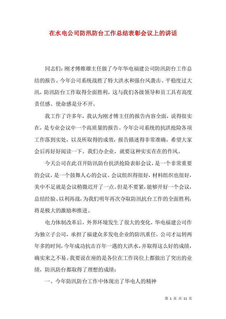 在水电公司防汛防台工作总结表彰会议上的讲话