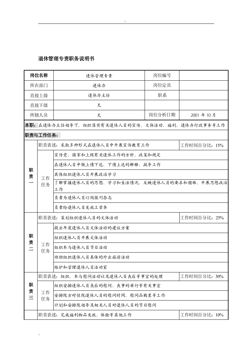 航材院退休管理专责职务说明书