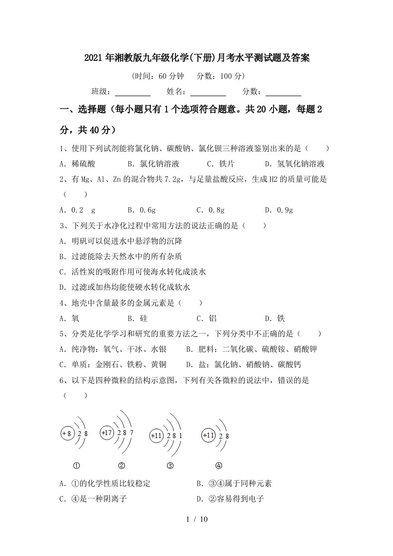 2021年湘教版九年级化学下册月考水平测试题及答案