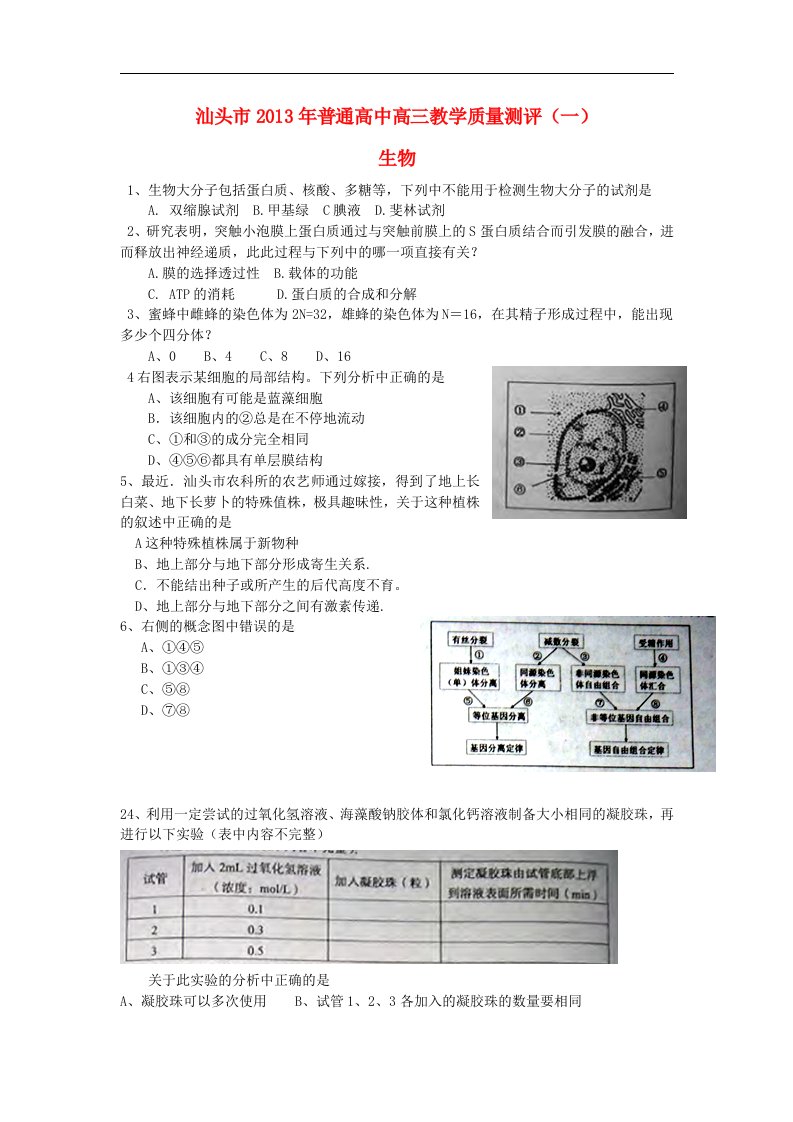 广东省汕头市高三生物教学质量测评试题（汕头一模）新人教版