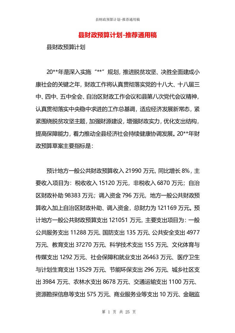 县财政预算计划