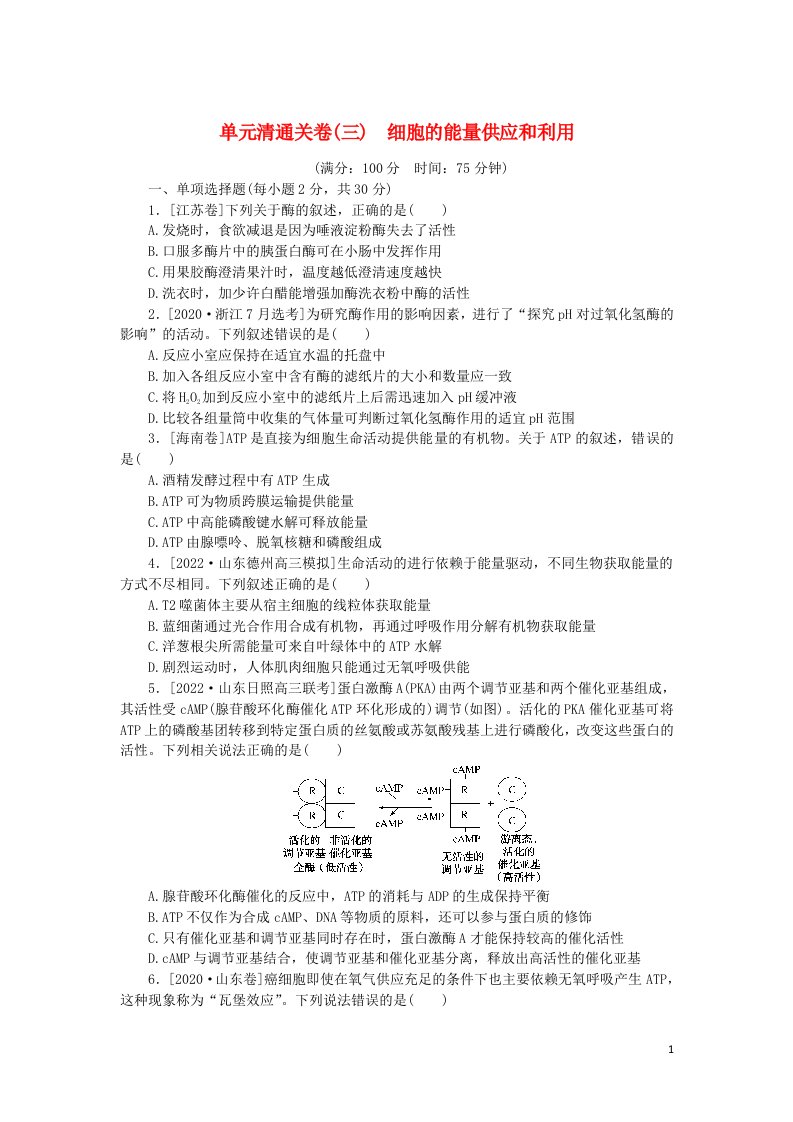 2023版新教材高考生物复习特训卷单元清通关卷三细胞的能量供应和利用