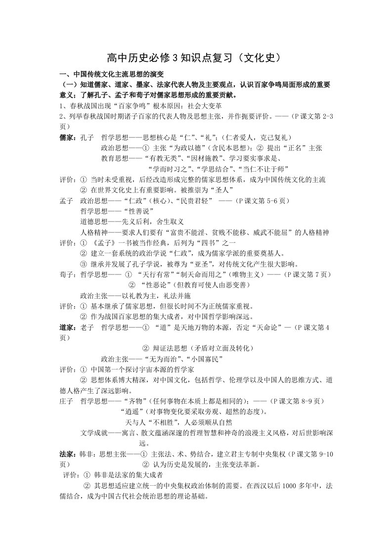 高中历史必修3知识点复习文化史