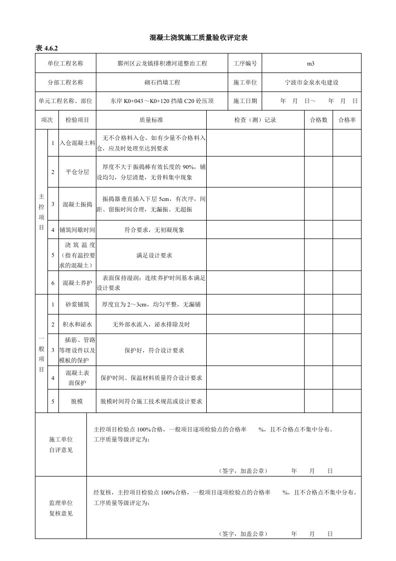 C20砼压顶评定表