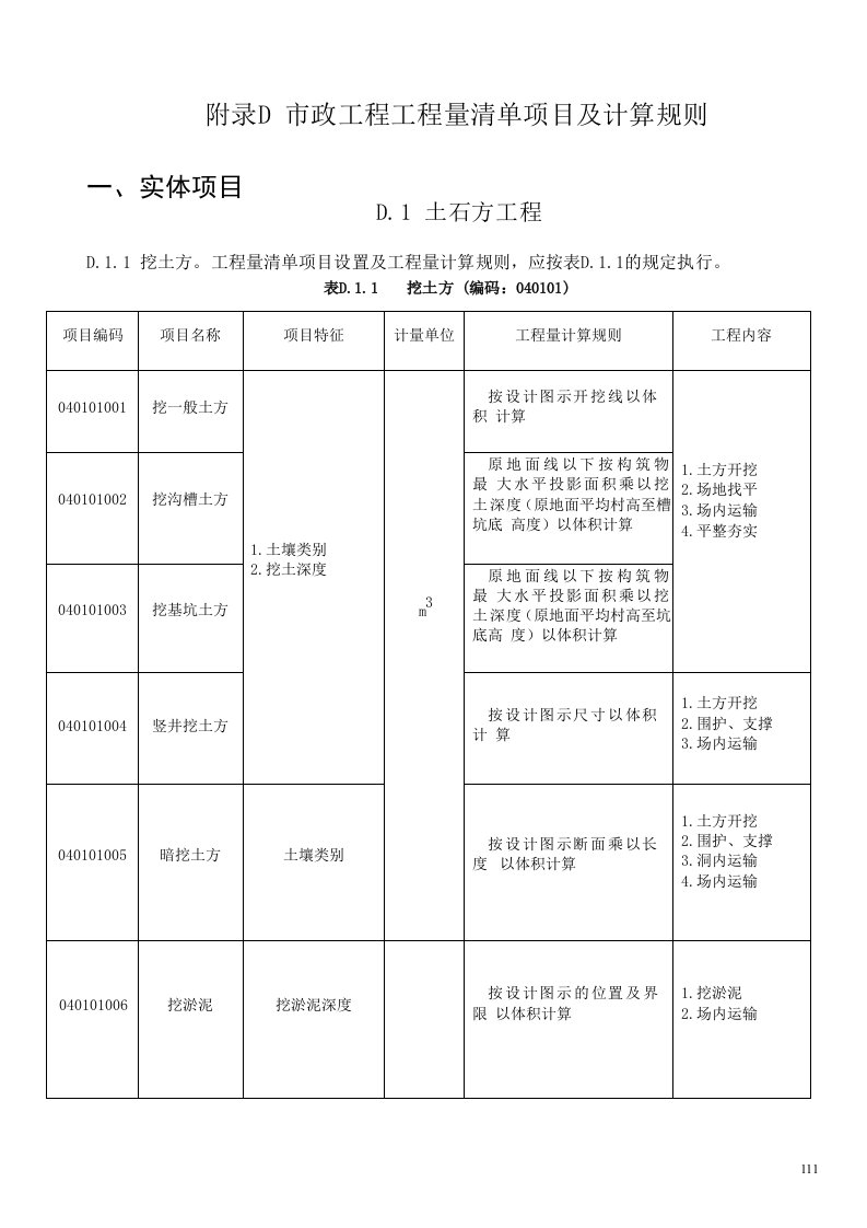 市政工程工程量清单项目及计算规则