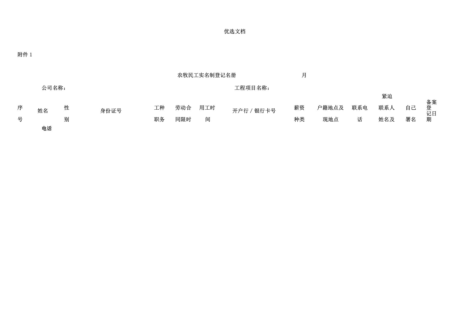 农民工花名册考勤表格范例工资表格范例