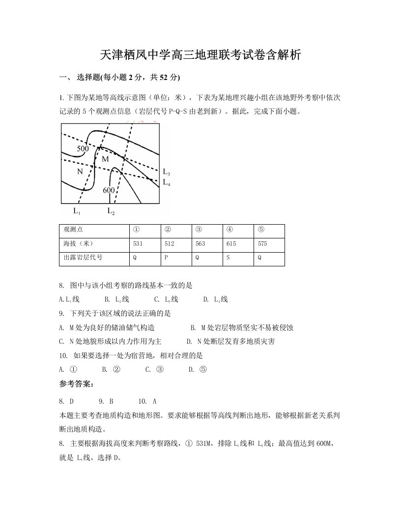 天津栖凤中学高三地理联考试卷含解析