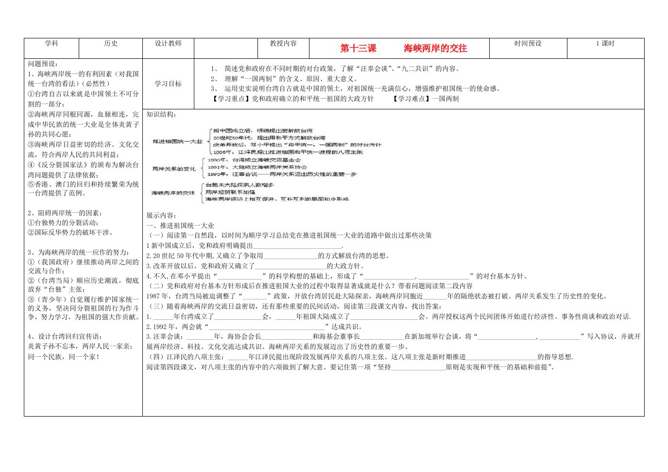 吉林省公主岭市第4中学八年级历史下册第13课海峡两岸的交往学案无答案新人教版