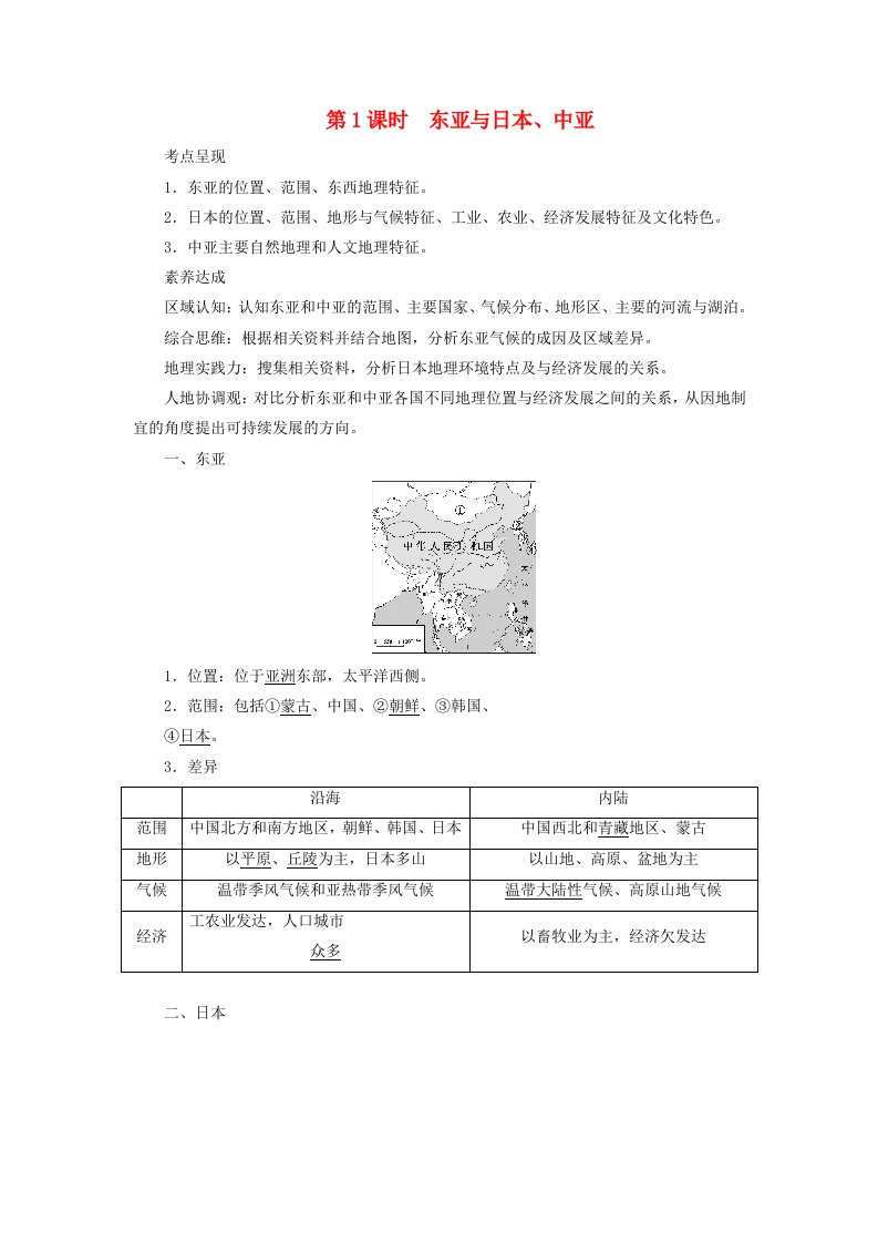 2024春高中地理区域地理第2篇世界地理第3单元世界地理分区和主要国家第1课时东亚与日本中亚课前预习