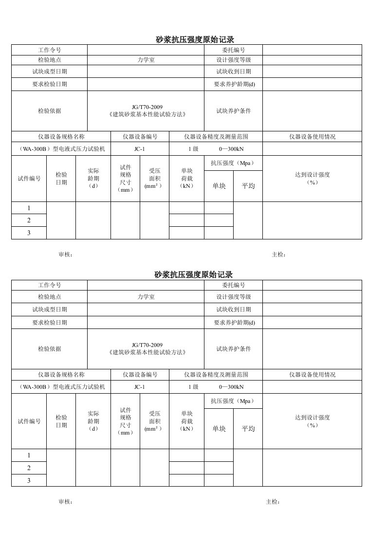 砂浆抗压强度原始记录