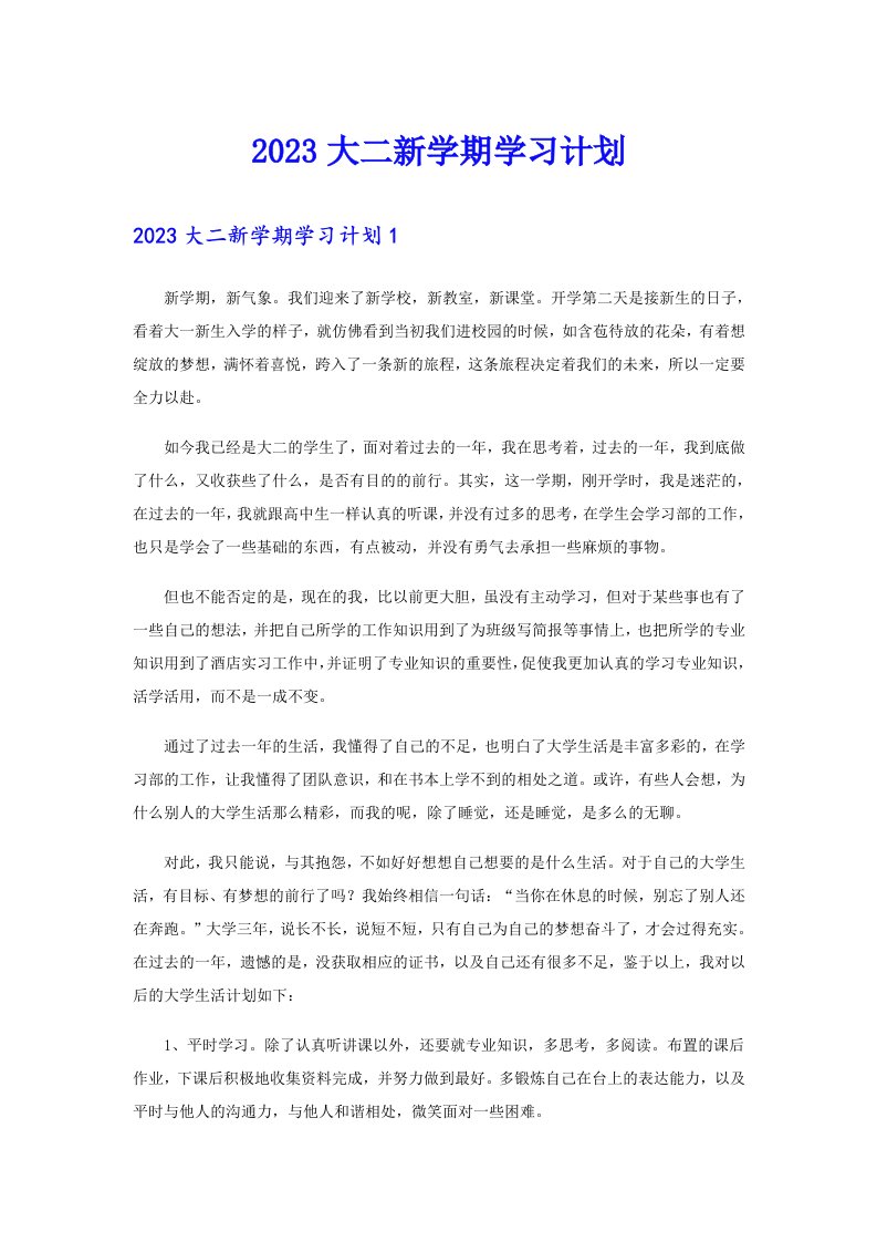 【可编辑】2023大二新学期学习计划