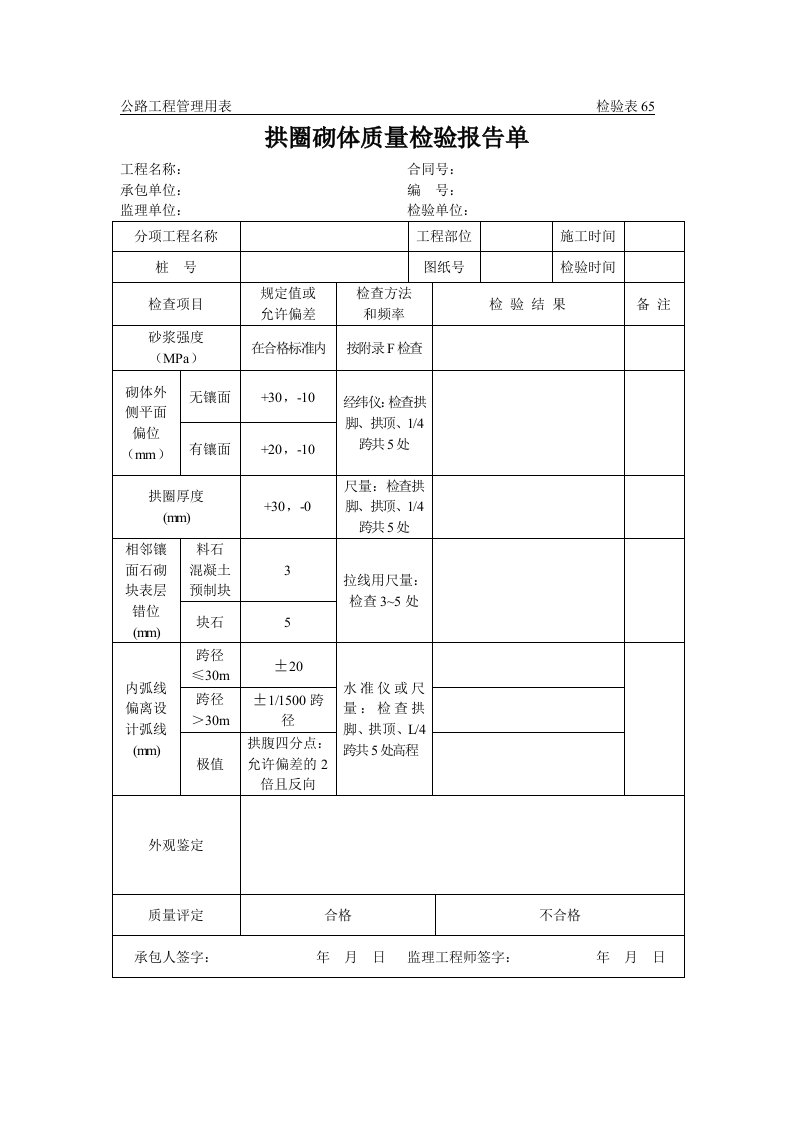 公路工程管理用表范本-拱圈砌体质量检验报告单