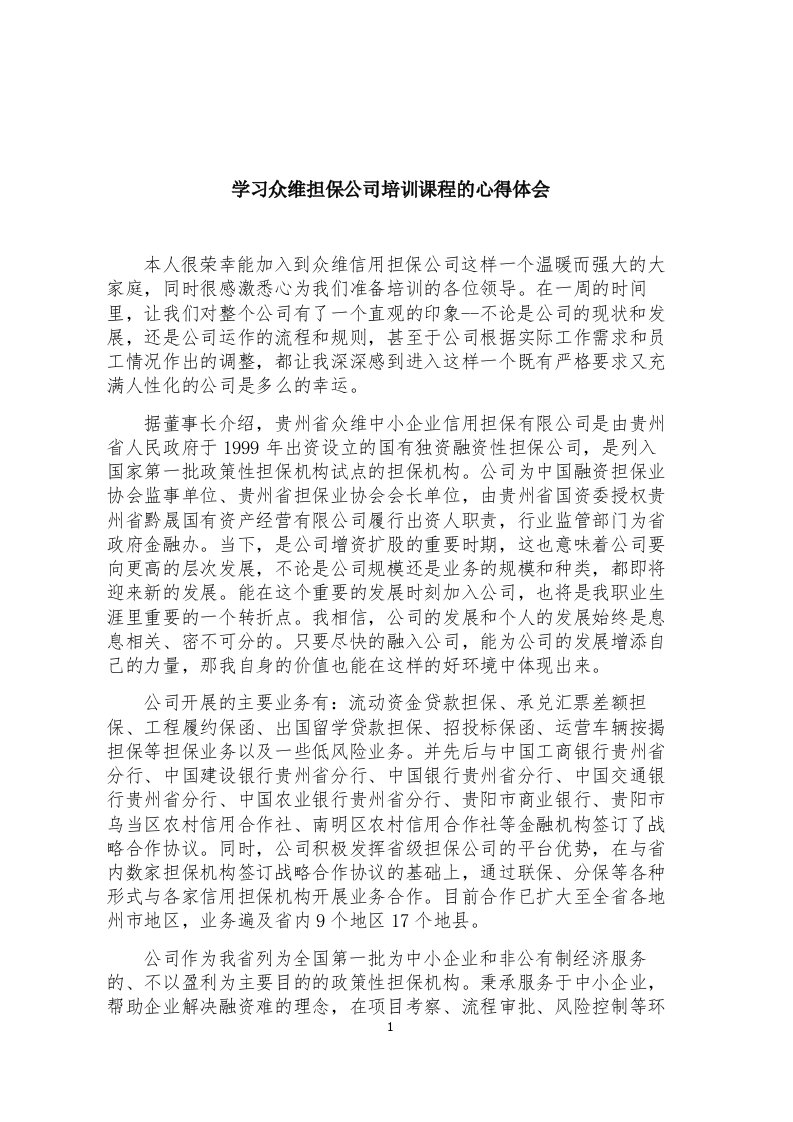 学习担保公司培训课程的心得体会